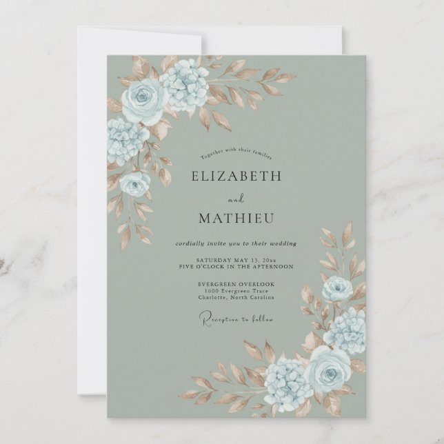 Convites Casamento Azul Celadônia Ranúnculo Eucalipto (Frente)