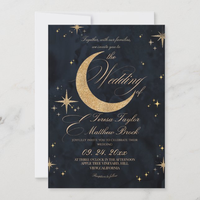 Convites Casamento Azul Celestial & Áureo Temperamental  (Frente)