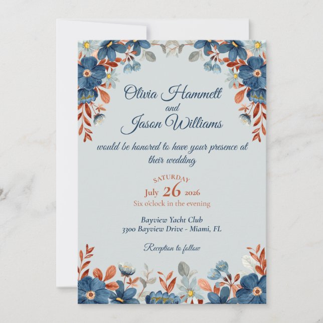 Convites Casamento Azul Centáurea e Cobre (Frente)