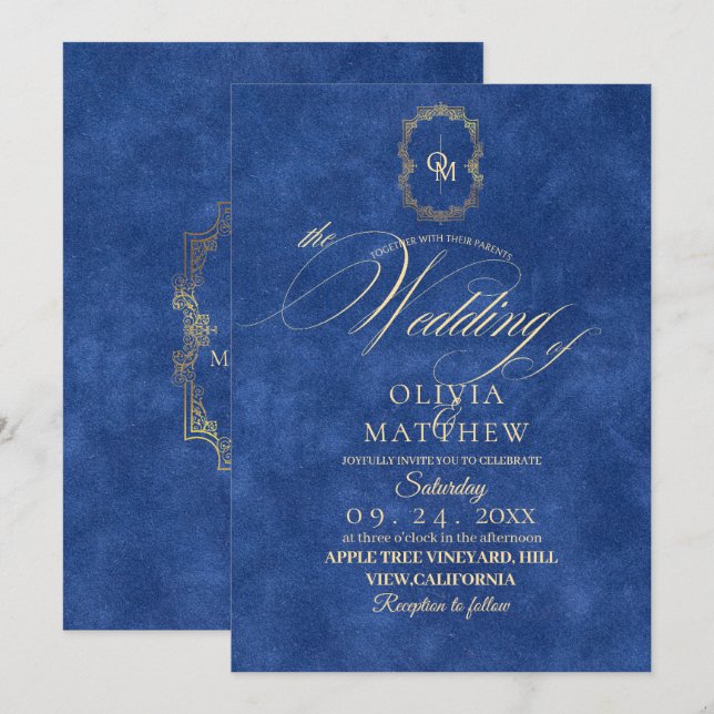 Convites Casamento Azul Chic Dusty (Frente/Verso)