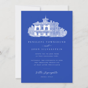 Convites Casamento Azul Chic - Ilustração De Villa Italiana