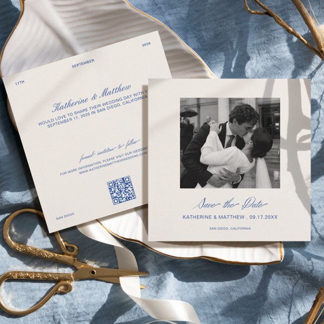 Convites Casamento Azul Cobalto Foto de Salvar a Data do Ca (Criador carregado)