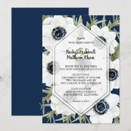 Convites Casamento Azul com Anêmonas de Aquarela Marinho Bo
