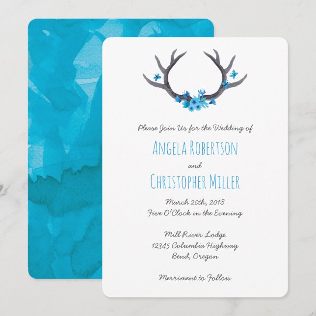 Convites Casamento Azul com Antlers do País (Frente/Verso)