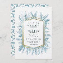 Convites Casamento azul com cor azul de folhagem verde-esve