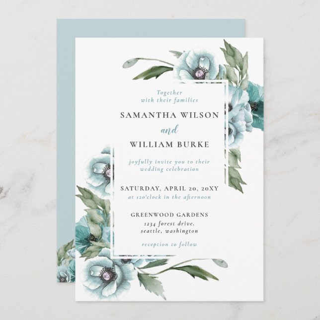 Convites Casamento Azul com Derramamento Floral Rustic Wate (Frente/Verso)