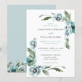 Convites Casamento Azul com Derramamento Floral Rustic Wate
