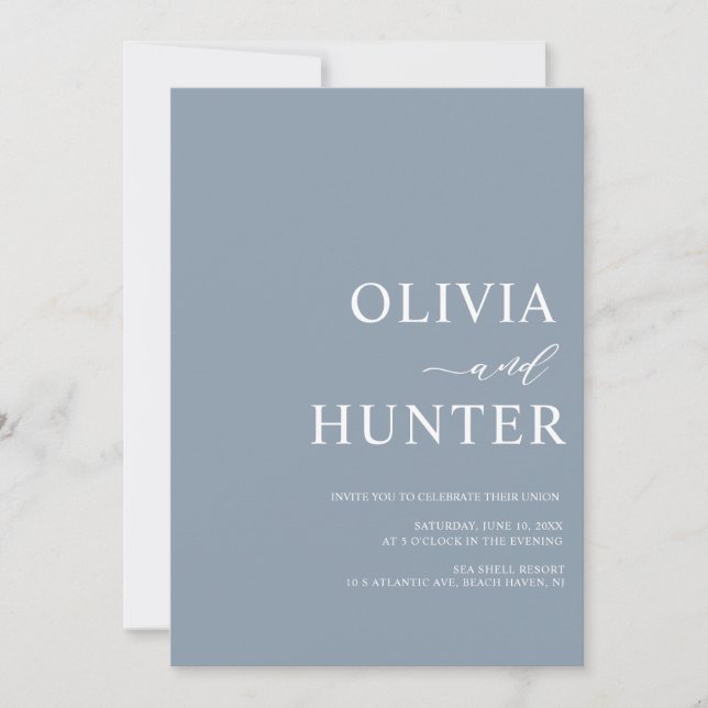 Convites Casamento Azul com Dusty, Caligrafia Moderna Elega (Frente)