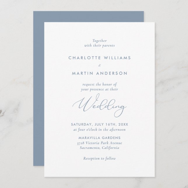 Convites Casamento Azul com Dusty de Script Moderno Elegant (Frente/Verso)