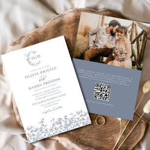 Convites Casamento Azul com Dusty Foto do Monograma Francês