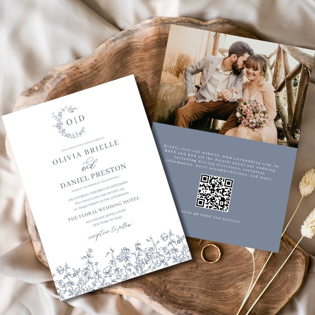 Convites Casamento Azul com Dusty Foto do Monograma Francês (Criador carregado)