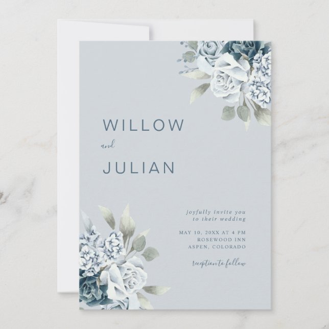 Convites Casamento Azul com Dusty Moderno Floral de Waterco (Frente)