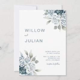 Convites Casamento Azul com Dusty Moderno Floral de Waterco