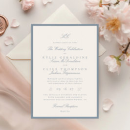 Convites Casamento Azul com Dusty Monograma Clássico com Mo