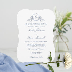 Convites Casamento Azul com Dusty Monograma Clássico Elegan