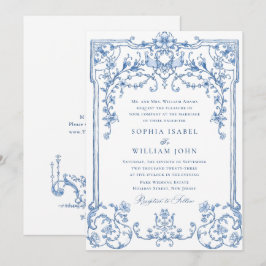 Convites Casamento Azul com Grace Floral Dusty, Ornamentado