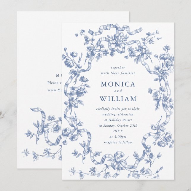 Convites Casamento Azul com Grace Floral Dusty, Ornamentado (Frente/Verso)