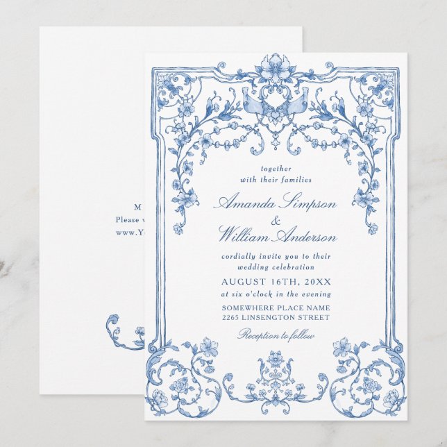Convites Casamento Azul com Grace Floral Dusty, Ornamentado (Frente/Verso)