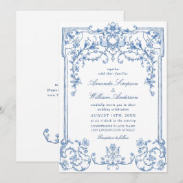 Convites Casamento Azul com Grace Floral Dusty, Ornamentado