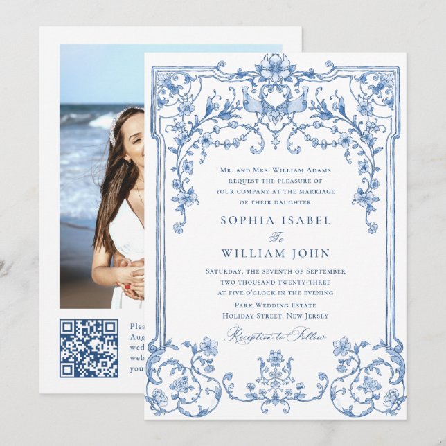 Convites Casamento Azul com Grace Floral Dusty, Ornamentado (Frente/Verso)