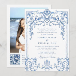 Convites Casamento Azul com Grace Floral Dusty, Ornamentado