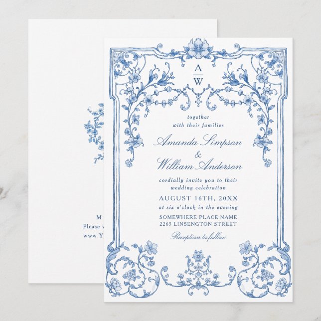 Convites Casamento Azul com Grace Floral Dusty, Ornamentado (Frente/Verso)
