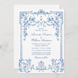 Convites Casamento Azul com Grace Floral Dusty, Ornamentado