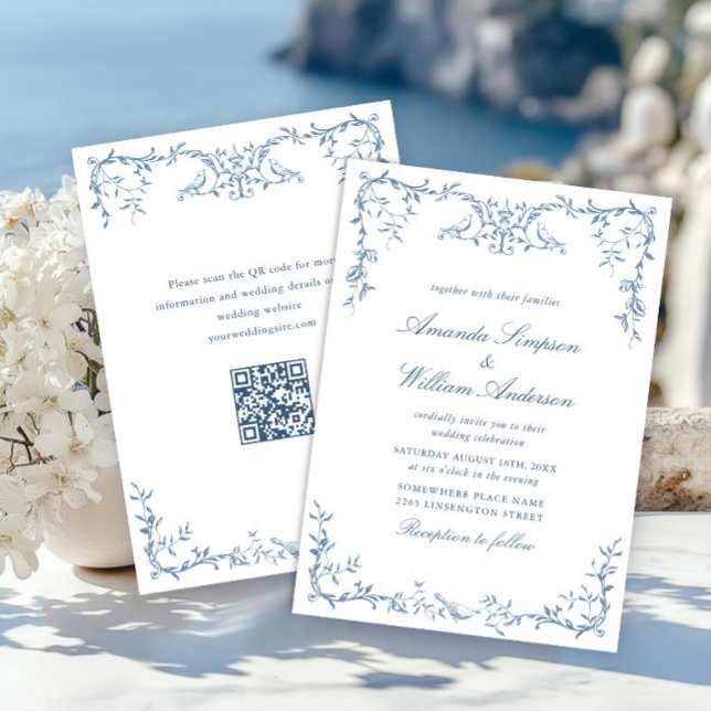Convites Casamento Azul com Grace Floral Dusty, Ornamentado (Criador carregado)