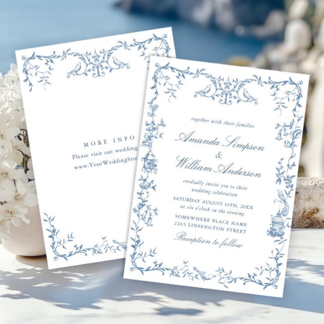 Convites Casamento Azul com Grace Floral Dusty, Ornamentado (Criador carregado)