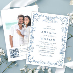 Convites Casamento Azul com Grace Floral Dusty, Ornamentado