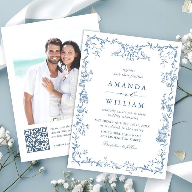 Convites Casamento Azul com Grace Floral Dusty, Ornamentado (Criador carregado)