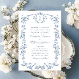 Convites Casamento Azul com Grace Floral Dusty, Ornamentado