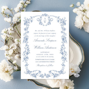 Convites Casamento Azul com Grace Floral Dusty, Ornamentado