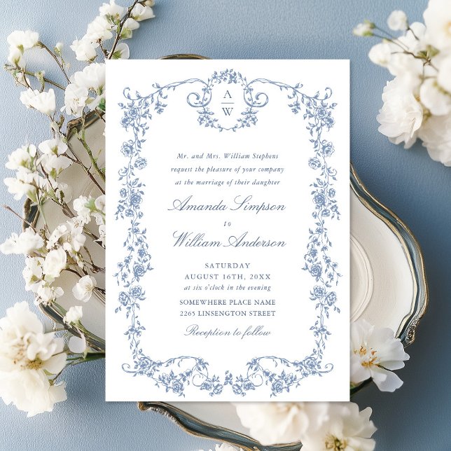 Convites Casamento Azul com Grace Floral Dusty, Ornamentado (Criador carregado)