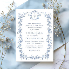 Convites Casamento Azul com Grace Floral Dusty, Ornamentado