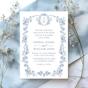 Convites Casamento Azul com Grace Floral Dusty, Ornamentado