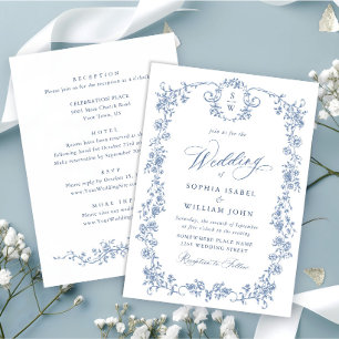Convites Casamento Azul com Grace Floral Dusty, Ornamentado