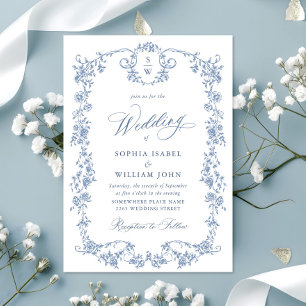 Convites Casamento Azul com Grace Floral Dusty, Ornamentado