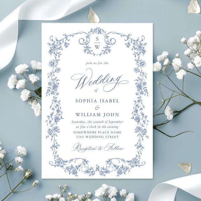 Convites Casamento Azul com Grace Floral Dusty, Ornamentado (Criador carregado)