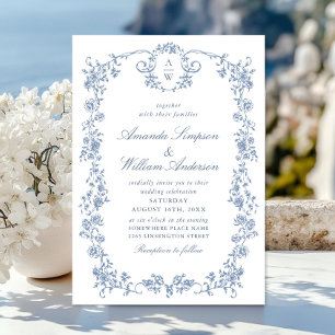 Convites Casamento Azul com Grace Floral Dusty, Ornamentado