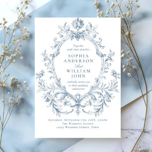 Convites Casamento Azul com Grace Floral Dusty, Ornamentado