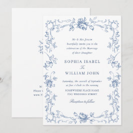 Convites Casamento Azul com Grace Floral Dusty, Ornamentado