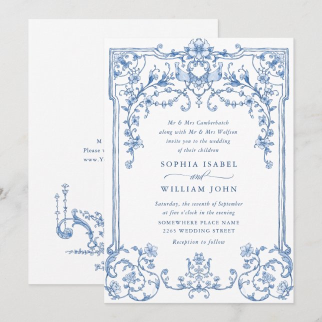 Convites Casamento Azul com Grace Floral Dusty, Ornamentado (Frente/Verso)