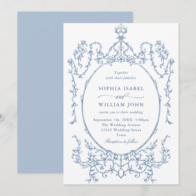 Convites Casamento Azul com Grace Floral Dusty, Ornamentado (Frente/Verso)