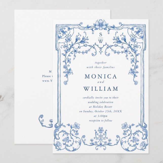 Convites Casamento Azul com Grace Floral Dusty, Ornamentado (Frente/Verso)