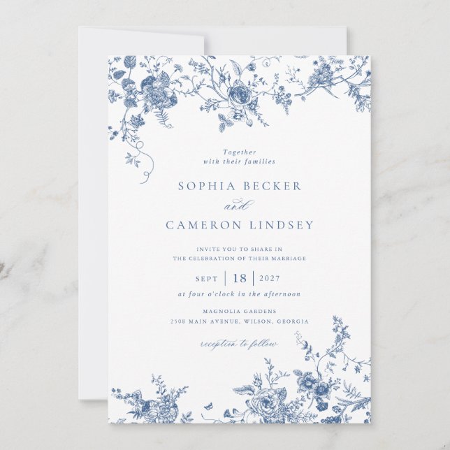 Convites Casamento Azul com Marinho Biológico Floral Elegan (Frente)