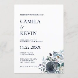 Convites Casamento Azul com Marinho Clássico Floral de Aqua