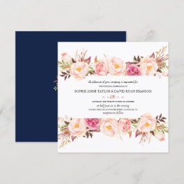 Convites Casamento Azul com Marinho de Quadro Floral Rosa R