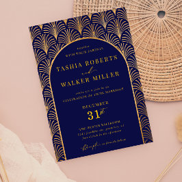 Convites Casamento Azul com Marinho Dourado de Arte Preta F