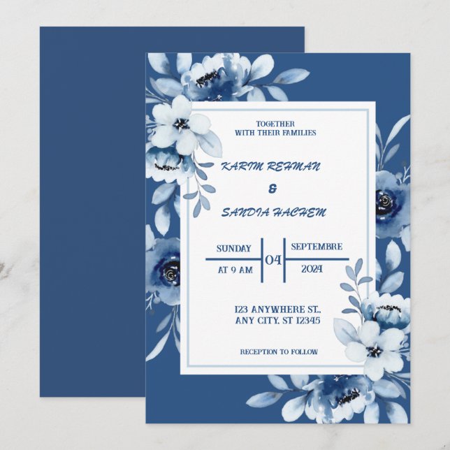 Convites Casamento Azul com Marinho Floral (Frente/Verso)